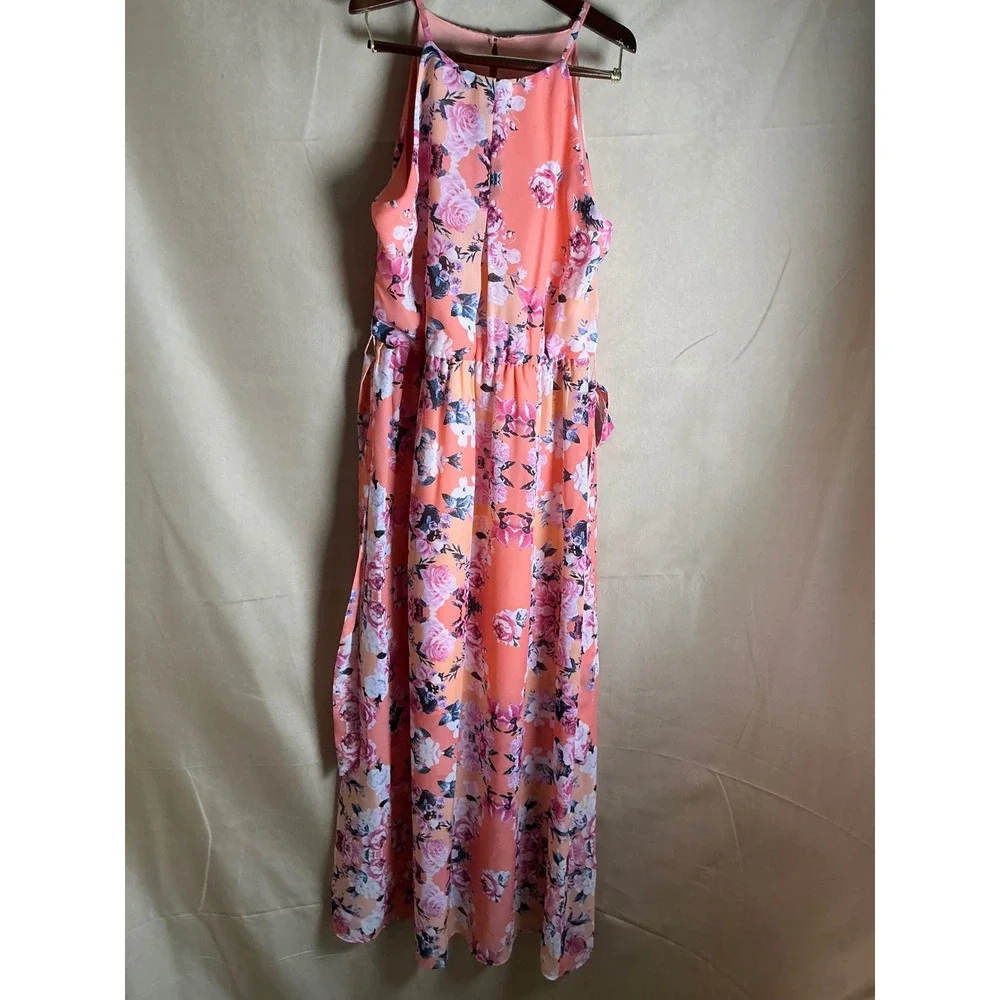 By & By Girl Maxi Dress Youth 12 Coral Pink Excellent Floral Halter Sleeveless